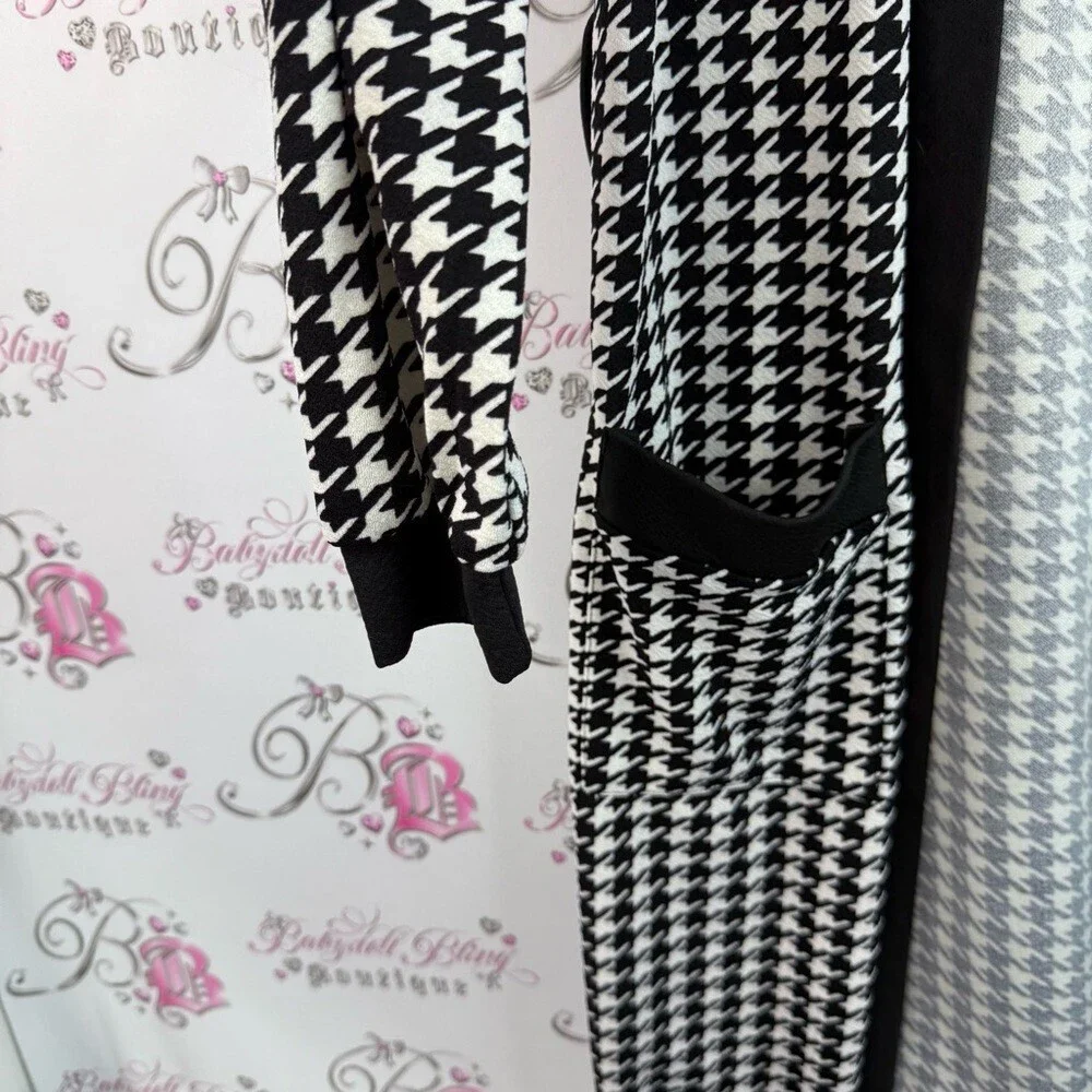 Cardigan long style color block Black and White Houndstooth Long Cardigan